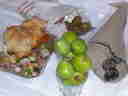 Lunch: seafood salad; breaded, fried, and grilled chicken breast; fresh figs; and leftover olives